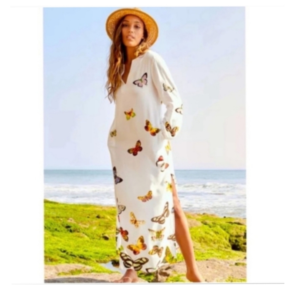 *RARE* NWT JOHNNY WAS Ivory Mariposa Long Kaftan Dress 3X BOHO Resort Vacation